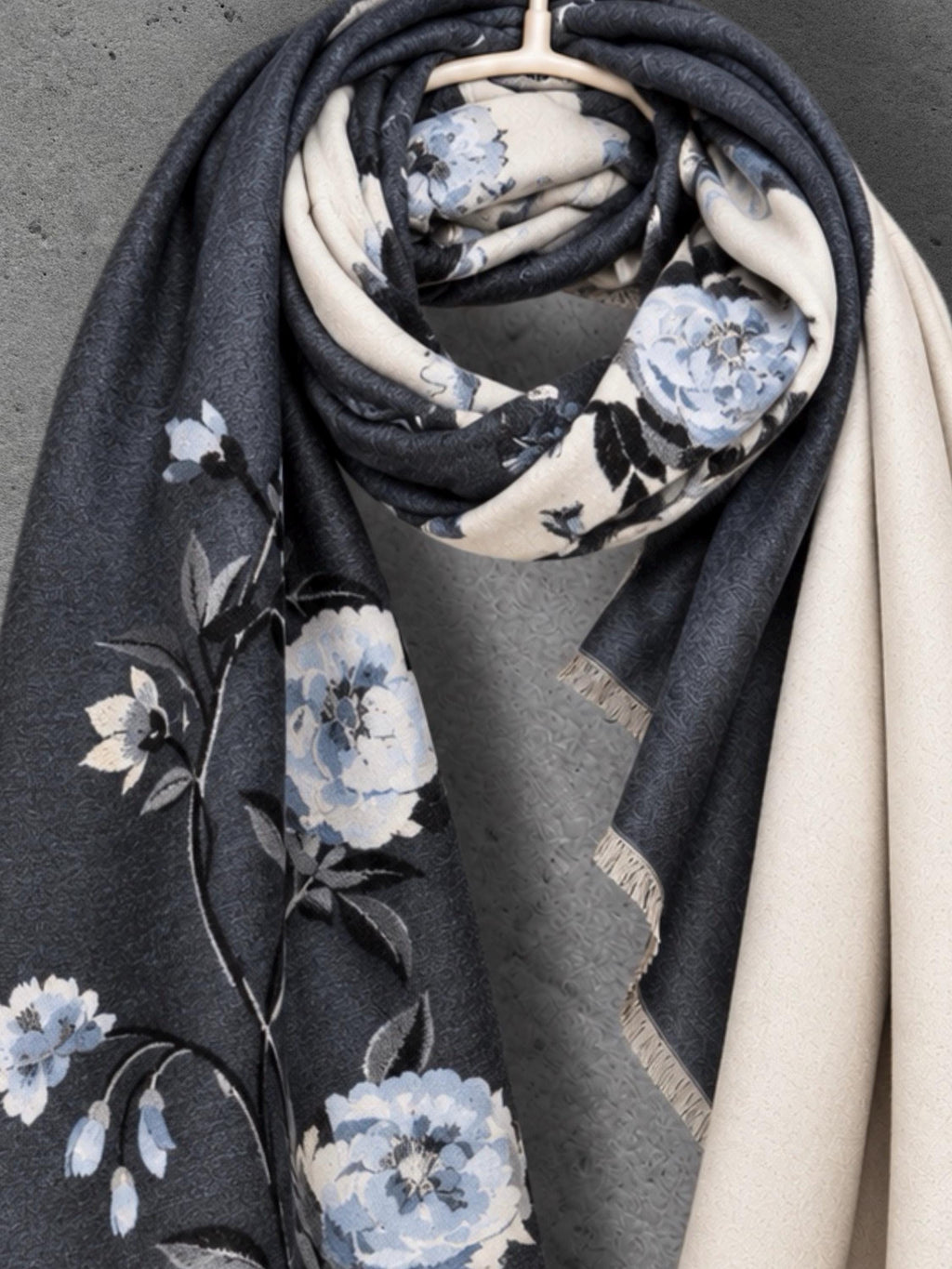 Ivory White & Charcoal Grey Floral Winter Scarf, Reversible Blue Peony Wrap, Cozy Shawl for Women, Elegant Gifts for Her