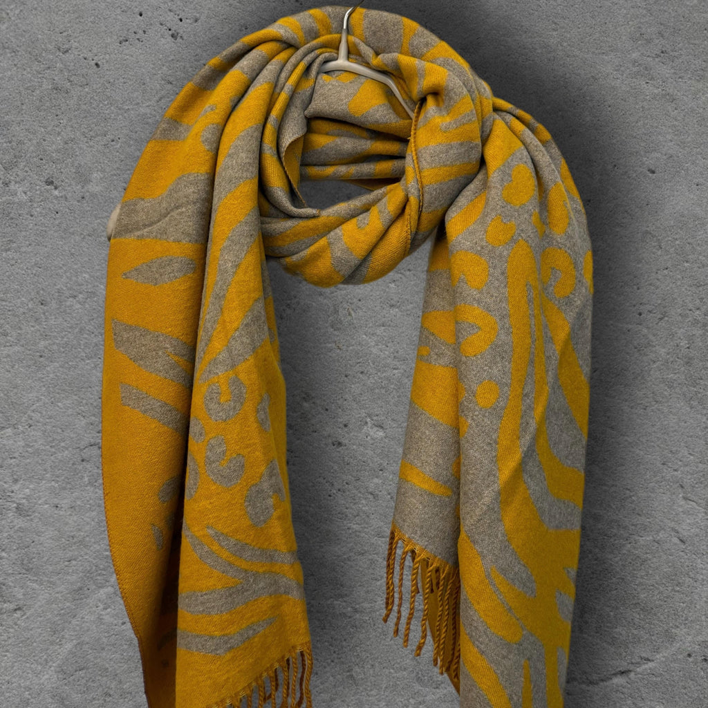 Mustard Yellow Winter Scarf, Grey Abstract Animal Print, Reversible Soft Warm Shawl, Cosy Neck Wrap, Statement Gift for Her