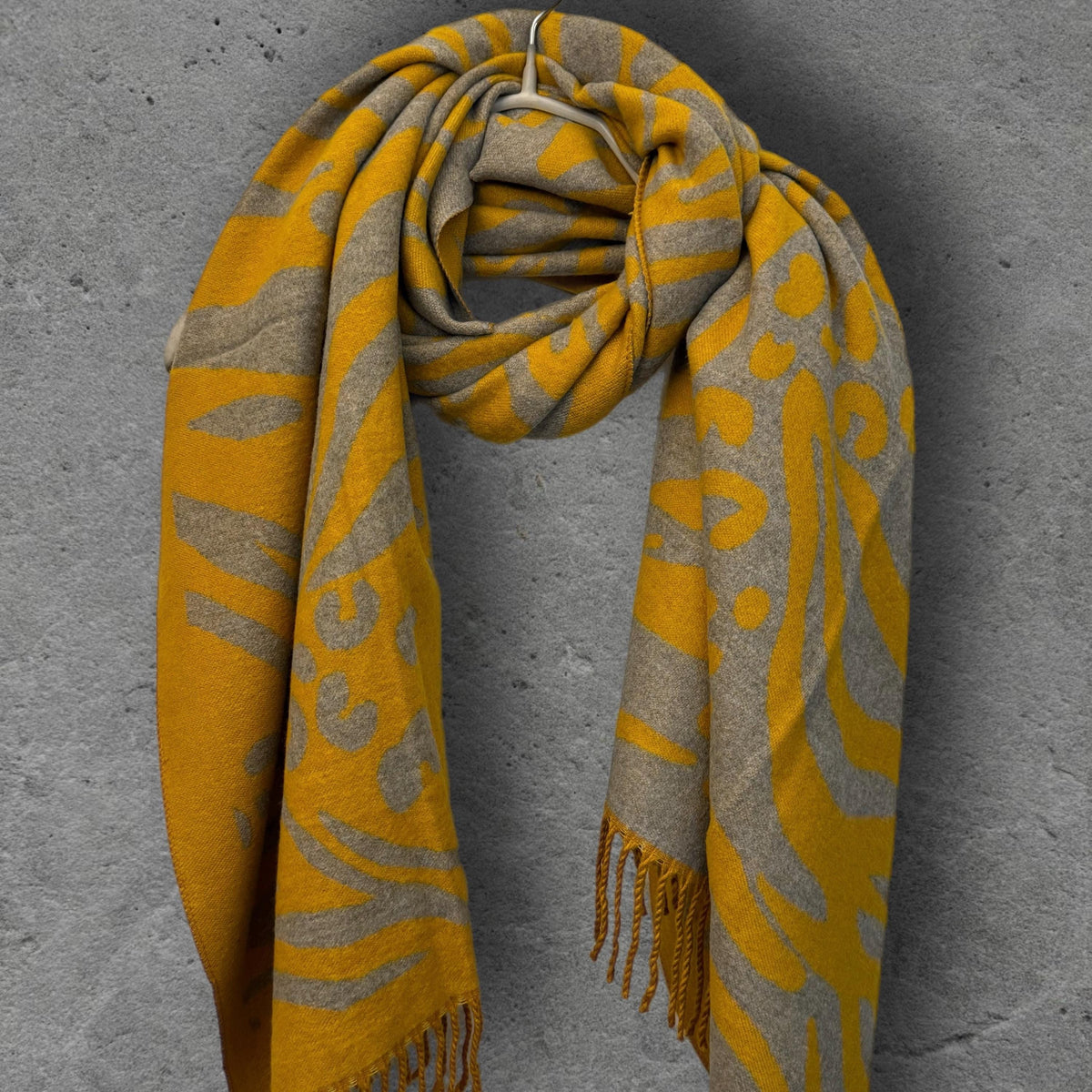 Mustard Yellow Winter Scarf, Grey Abstract Animal Print, Reversible Soft Warm Shawl, Cosy Neck Wrap, Statement Gift for Her