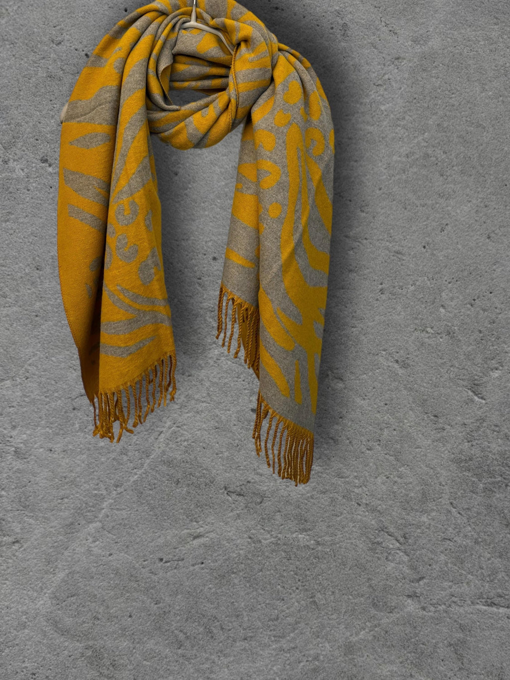 Mustard Yellow Winter Scarf, Grey Abstract Animal Print, Reversible Soft Warm Shawl, Cosy Neck Wrap, Statement Gift for Her