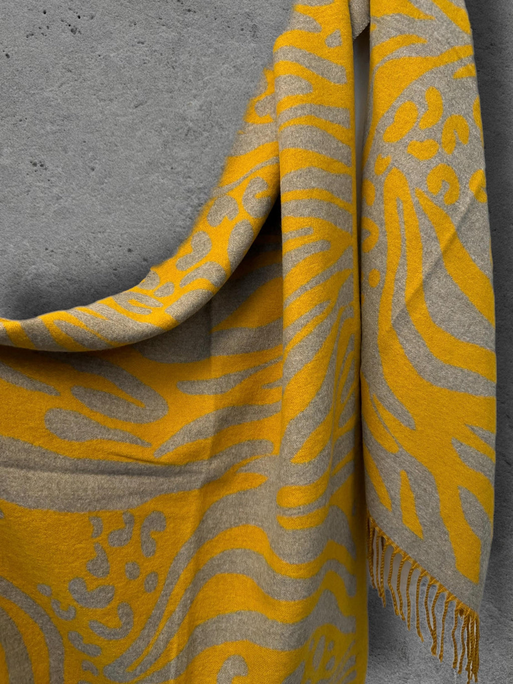 Mustard Yellow Winter Scarf, Grey Abstract Animal Print, Reversible Soft Warm Shawl, Cosy Neck Wrap, Statement Gift for Her