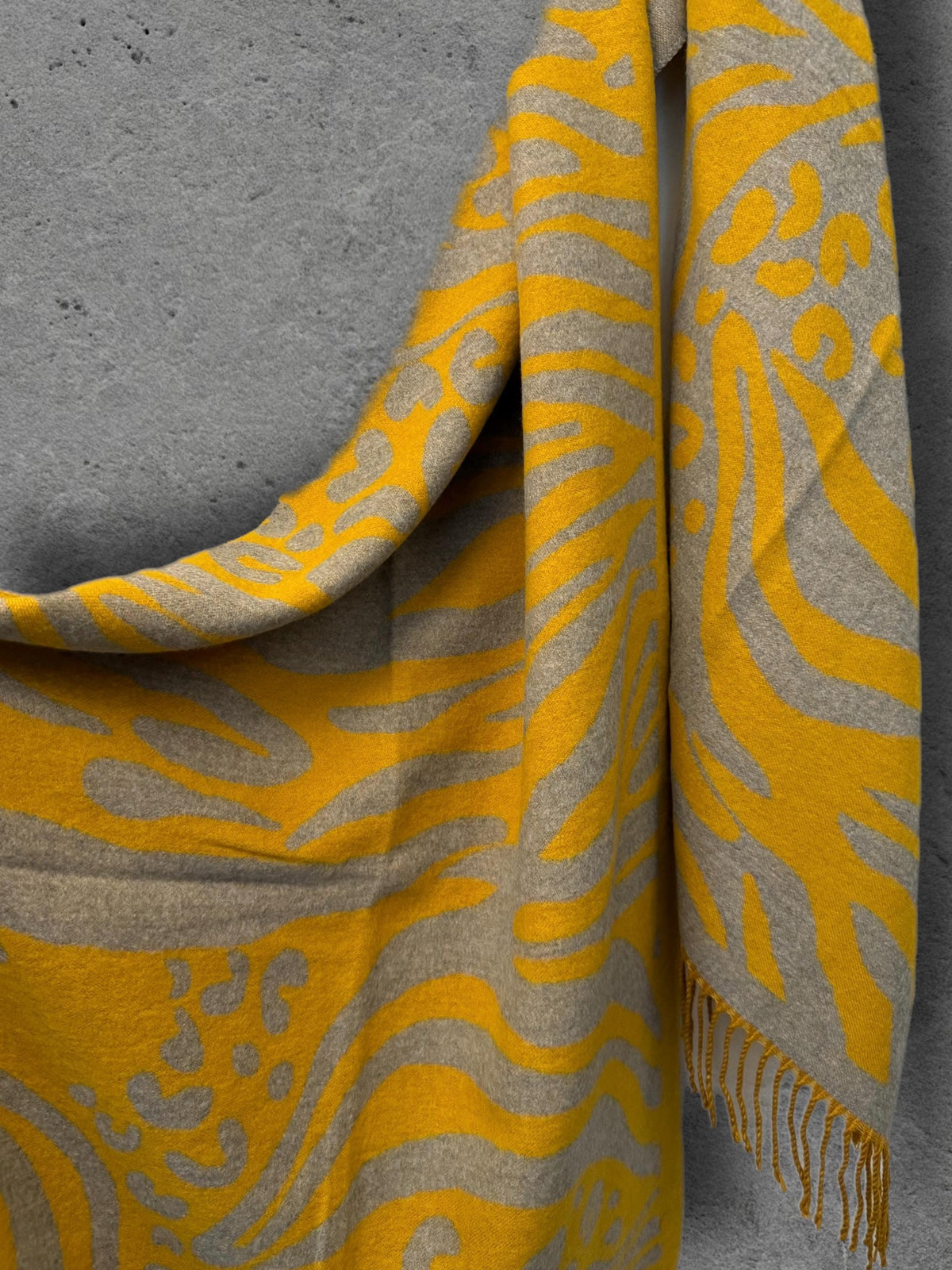 Mustard Yellow Winter Scarf, Grey Abstract Animal Print, Reversible Soft Warm Shawl, Cosy Neck Wrap, Statement Gift for Her