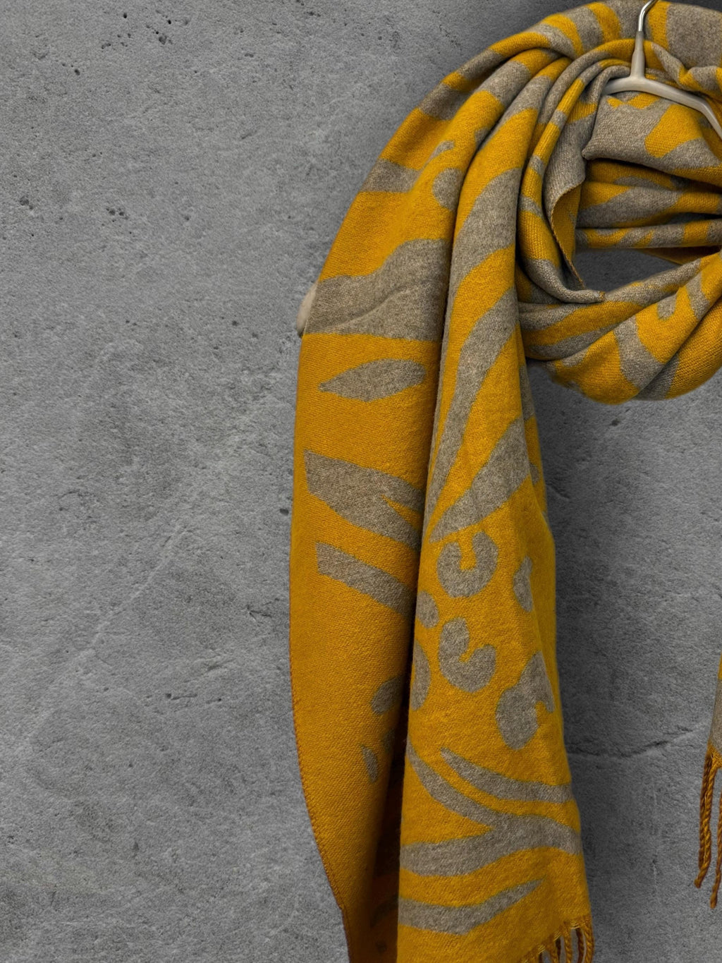 Mustard Yellow Winter Scarf, Grey Abstract Animal Print, Reversible Soft Warm Shawl, Cosy Neck Wrap, Statement Gift for Her