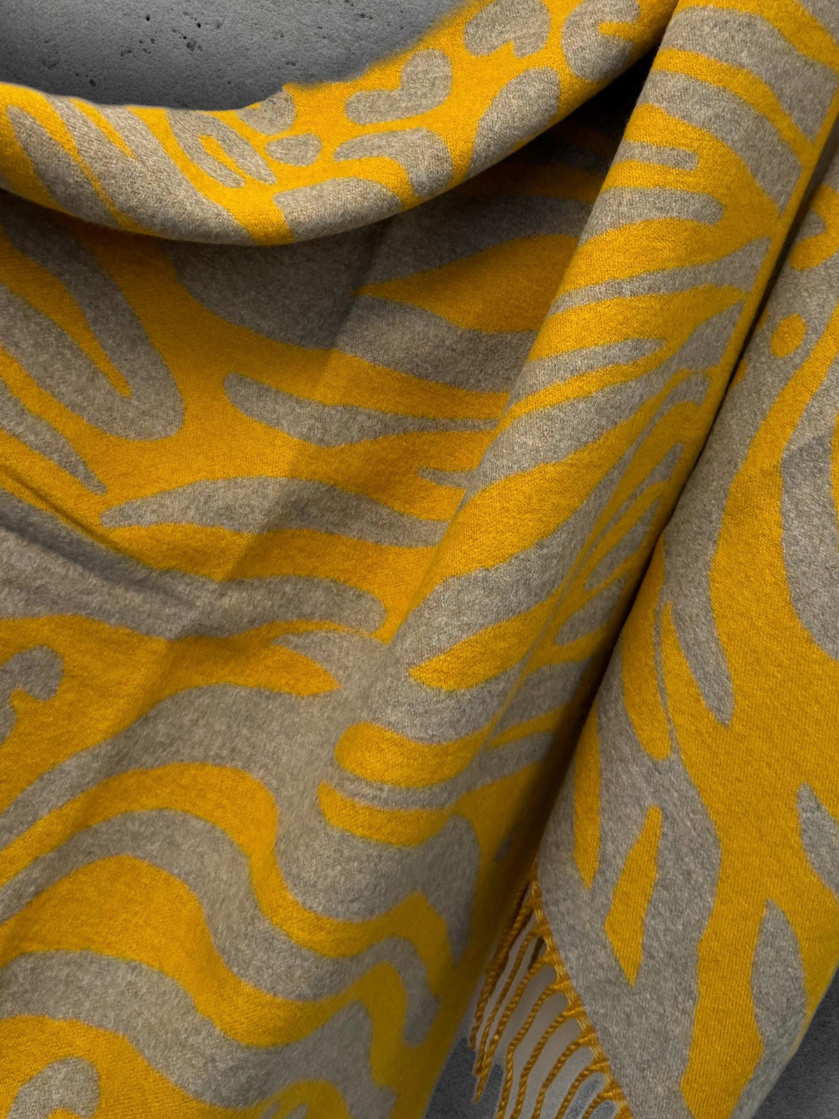 Mustard Yellow Winter Scarf, Grey Abstract Animal Print, Reversible Soft Warm Shawl, Cosy Neck Wrap, Statement Gift for Her
