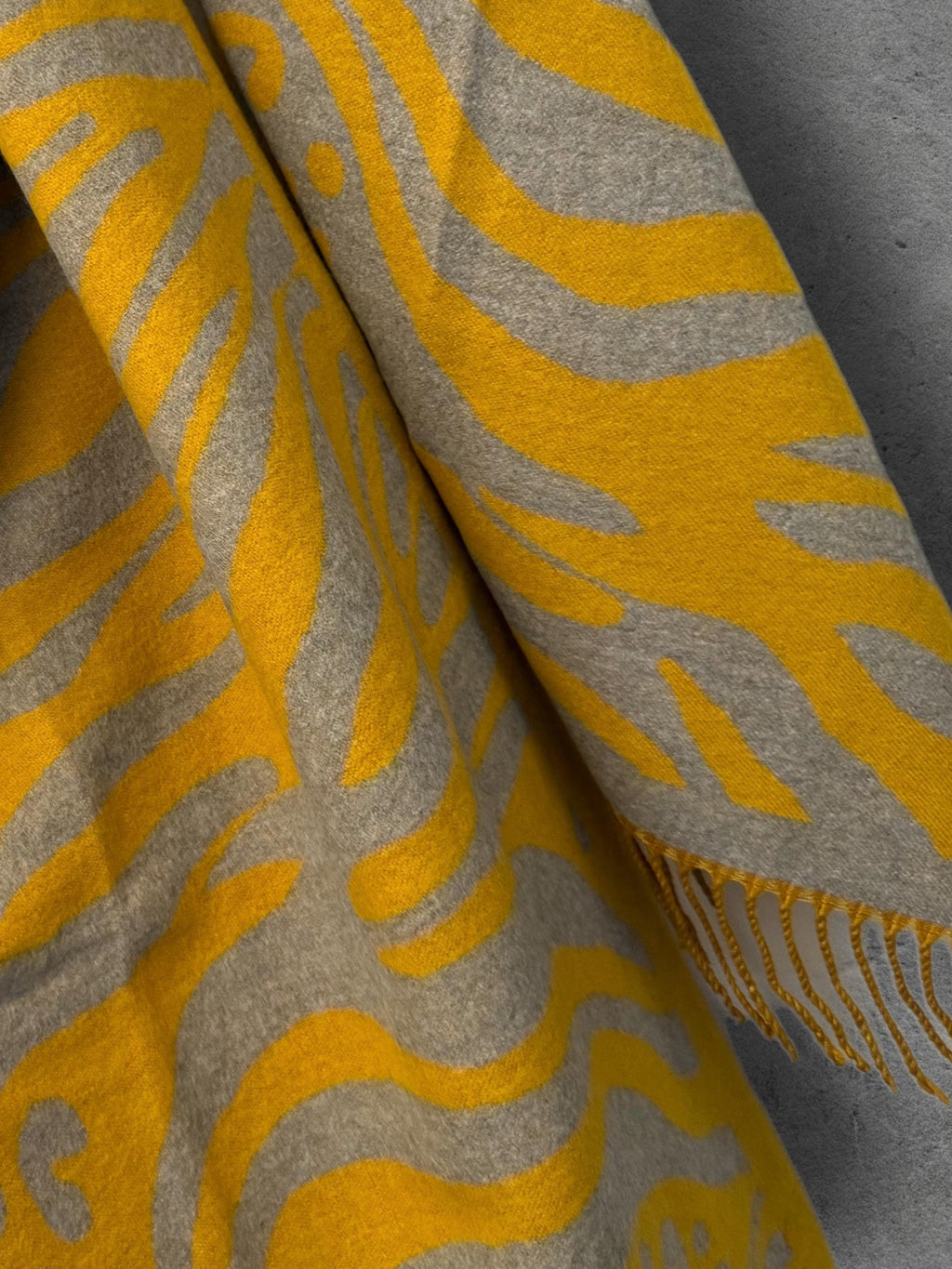 Mustard Yellow Winter Scarf, Grey Abstract Animal Print, Reversible Soft Warm Shawl, Cosy Neck Wrap, Statement Gift for Her