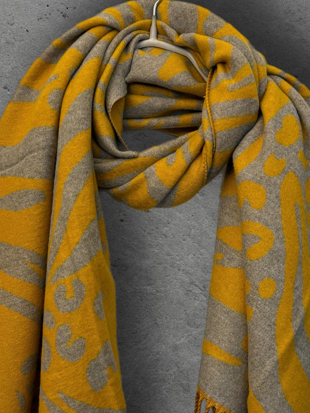 Mustard Yellow Winter Scarf, Grey Abstract Animal Print, Reversible Soft Warm Shawl, Cosy Neck Wrap, Statement Gift for Her