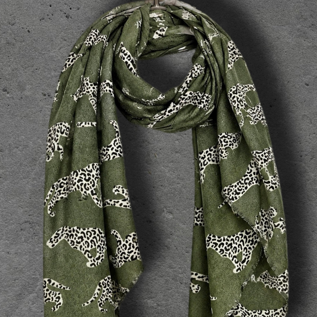 Olive Green Leopard Print Scarf, Lightweight Autumn Wrap, Animal Motif Shawl for Women, Thoughtful Gifts for Her