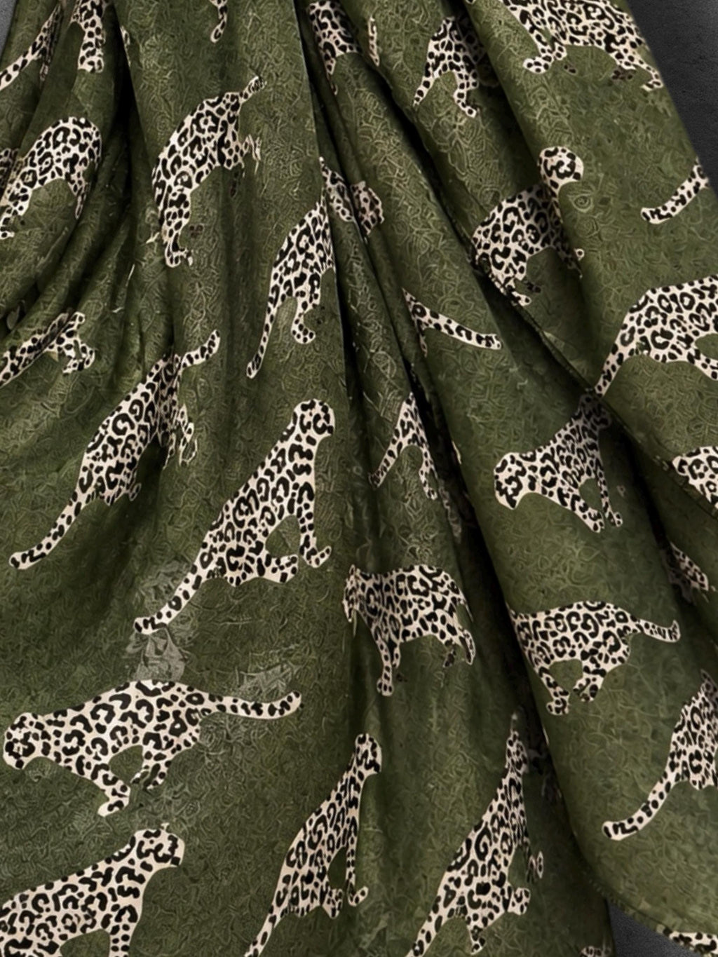 Olive Green Leopard Print Scarf, Lightweight Autumn Wrap, Animal Motif Shawl for Women, Thoughtful Gifts for Her
