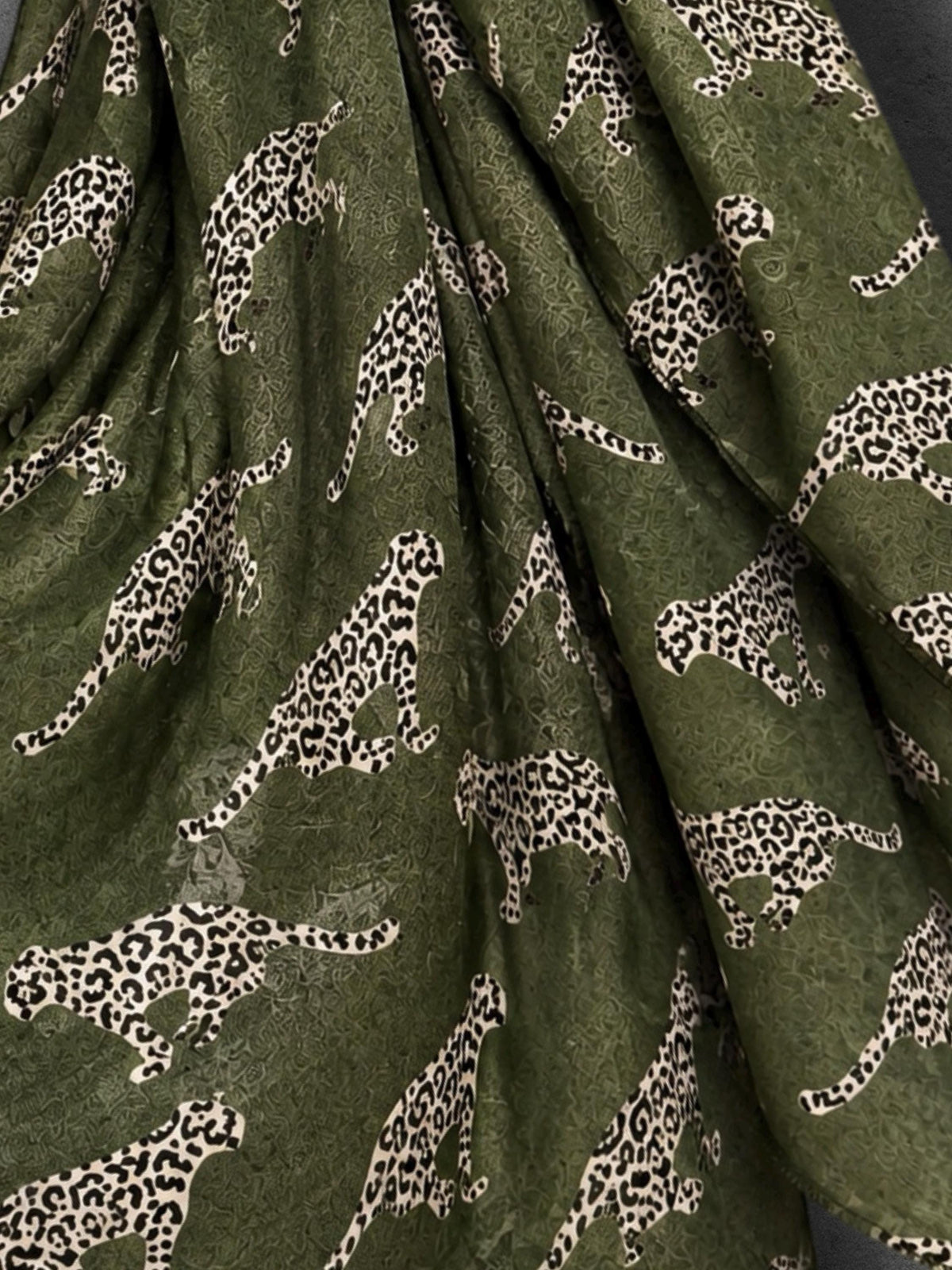 Olive Green Leopard Print Scarf, Lightweight Autumn Wrap, Animal Motif Shawl for Women, Thoughtful Gifts for Her