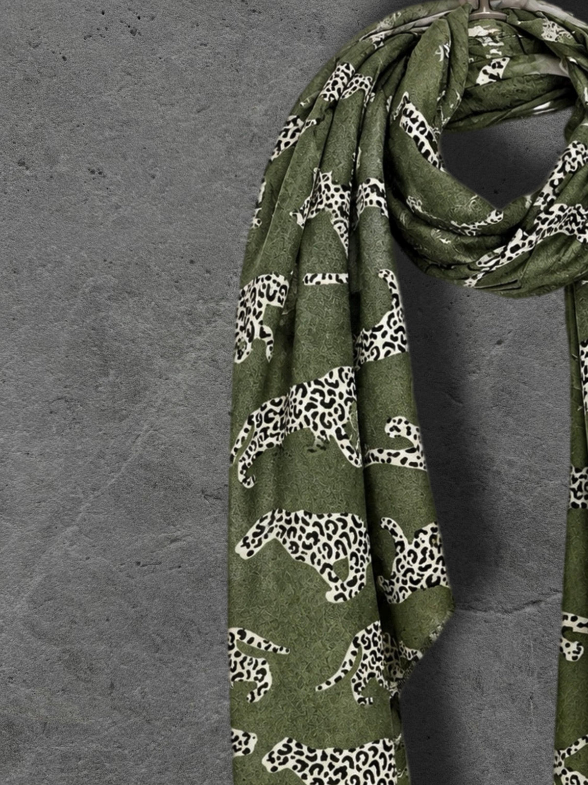 Olive Green Leopard Print Scarf, Lightweight Autumn Wrap, Animal Motif Shawl for Women, Thoughtful Gifts for Her