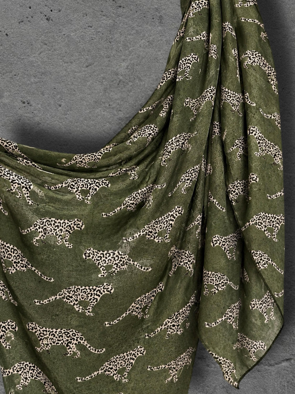 Olive Green Leopard Print Scarf, Lightweight Autumn Wrap, Animal Motif Shawl for Women, Thoughtful Gifts for Her