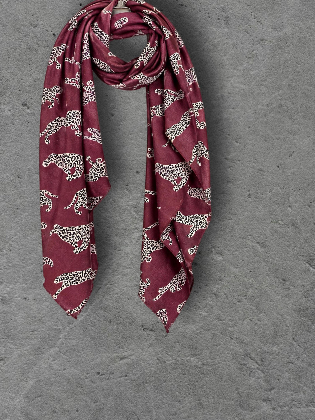 Burgundy Leopard Print Scarf, Lightweight Autumn Shawl, Wine Red Animal Motif Wrap, Ideal Gifts for Her