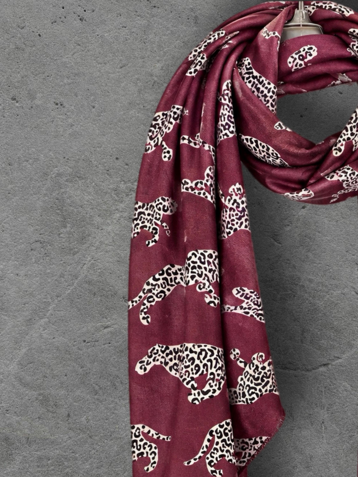 Burgundy Leopard Print Scarf, Lightweight Autumn Shawl, Wine Red Animal Motif Wrap, Ideal Gifts for Her