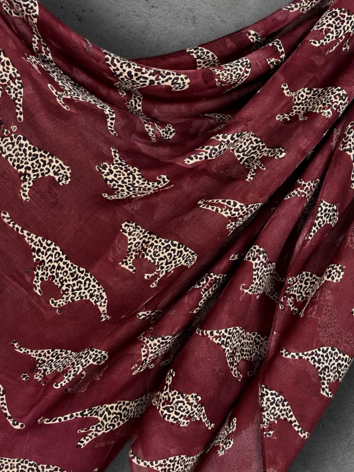 Burgundy Leopard Print Scarf, Lightweight Autumn Shawl, Wine Red Animal Motif Wrap, Ideal Gifts for Her