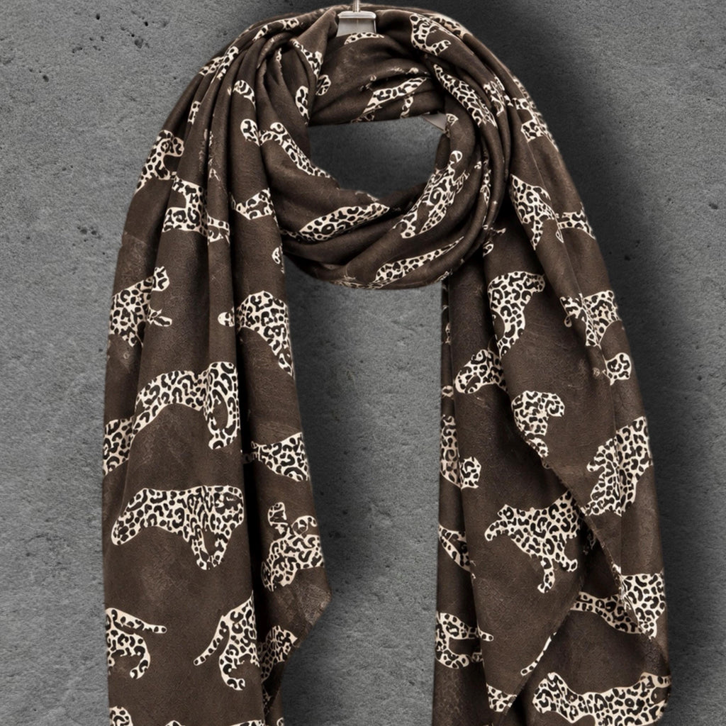 Chocolate Brown Leopard Print Scarf, Lightweight Autumn Wrap, Neutral Animal Motif Shawl, Great Gifts for Her