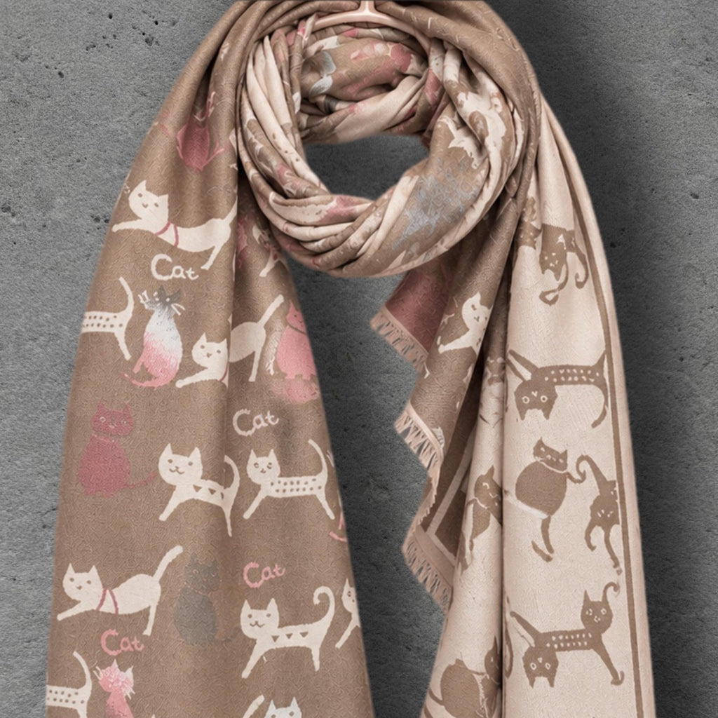 Taupe & Cream Cat Pattern Reversible Winter Scarf, Double Sided Wrap, Warm Shawl for Women, Ideal Gifts for Her
