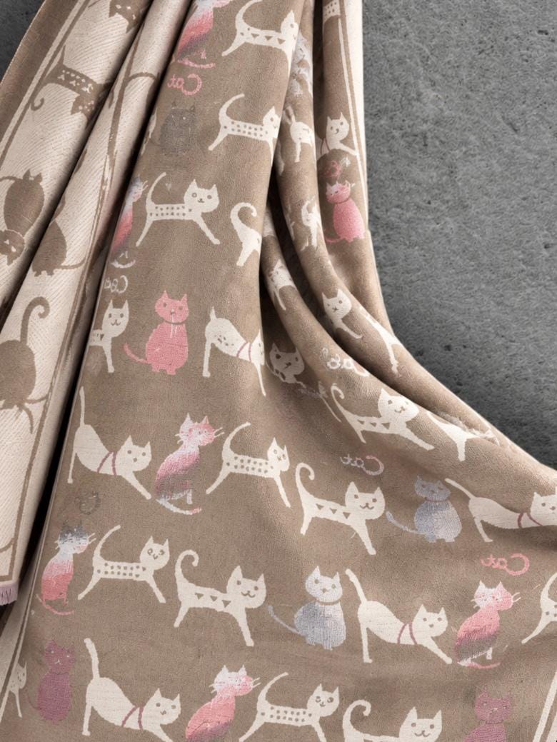 Taupe & Cream Cat Pattern Reversible Winter Scarf, Double Sided Wrap, Warm Shawl for Women, Ideal Gifts for Her