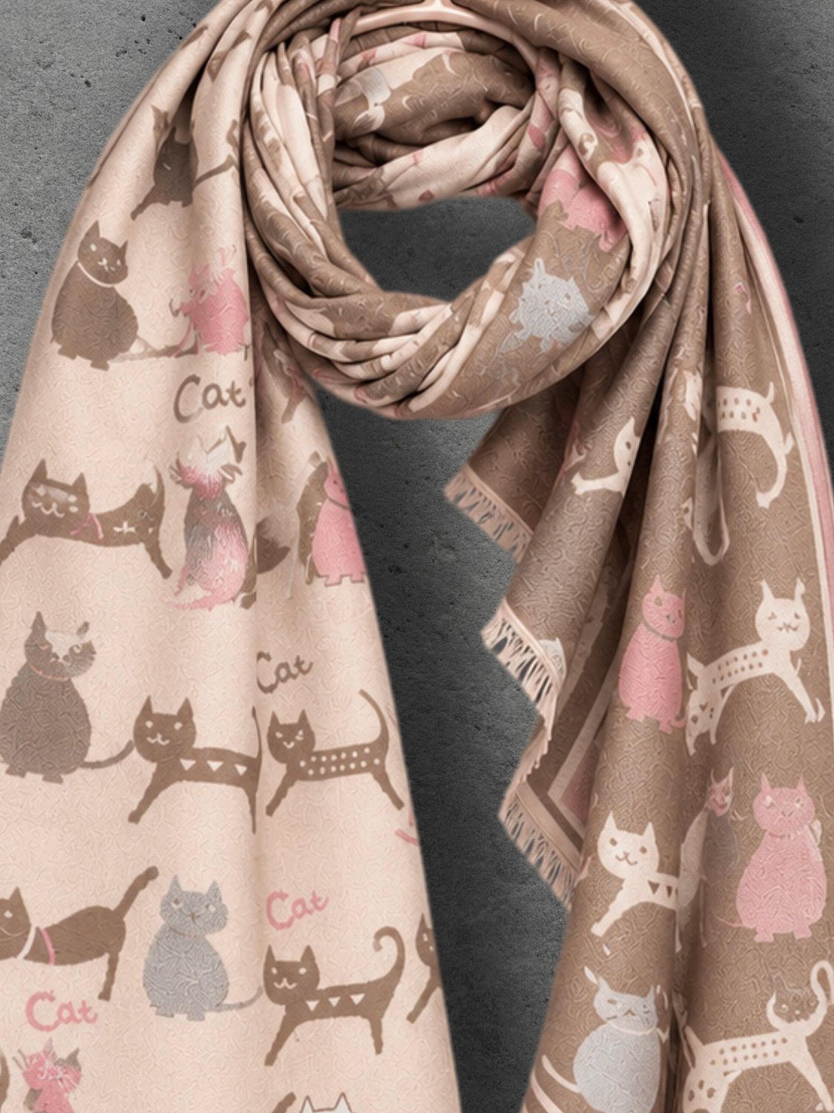 Taupe & Cream Cat Pattern Reversible Winter Scarf, Double Sided Wrap, Warm Shawl for Women, Ideal Gifts for Her