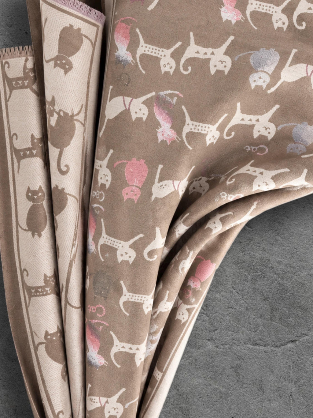 Taupe & Cream Cat Pattern Reversible Winter Scarf, Double Sided Wrap, Warm Shawl for Women, Ideal Gifts for Her