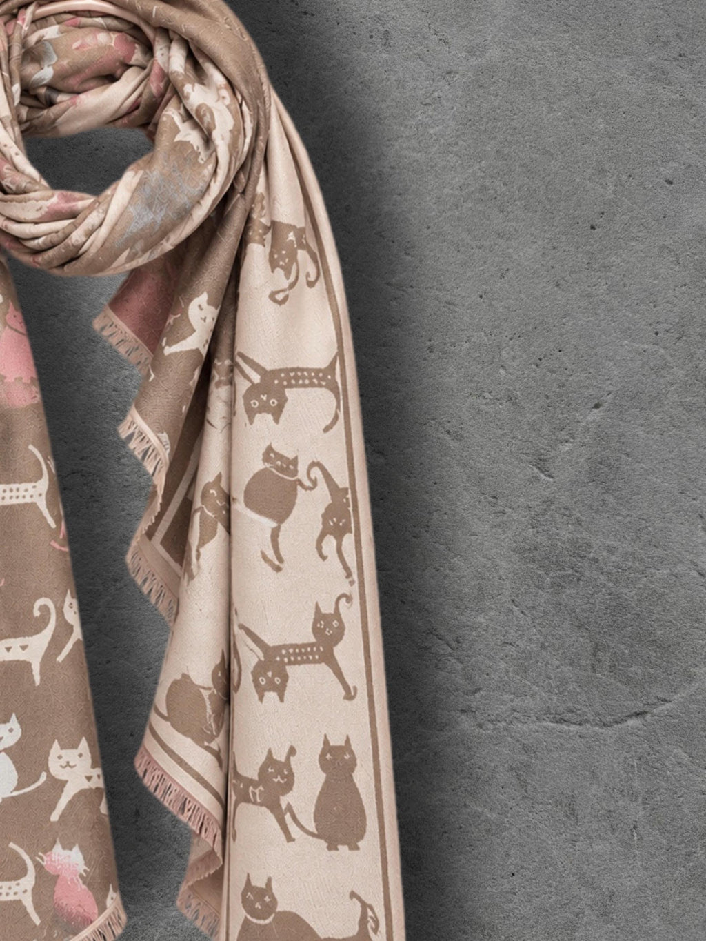Taupe & Cream Cat Pattern Reversible Winter Scarf, Double Sided Wrap, Warm Shawl for Women, Ideal Gifts for Her