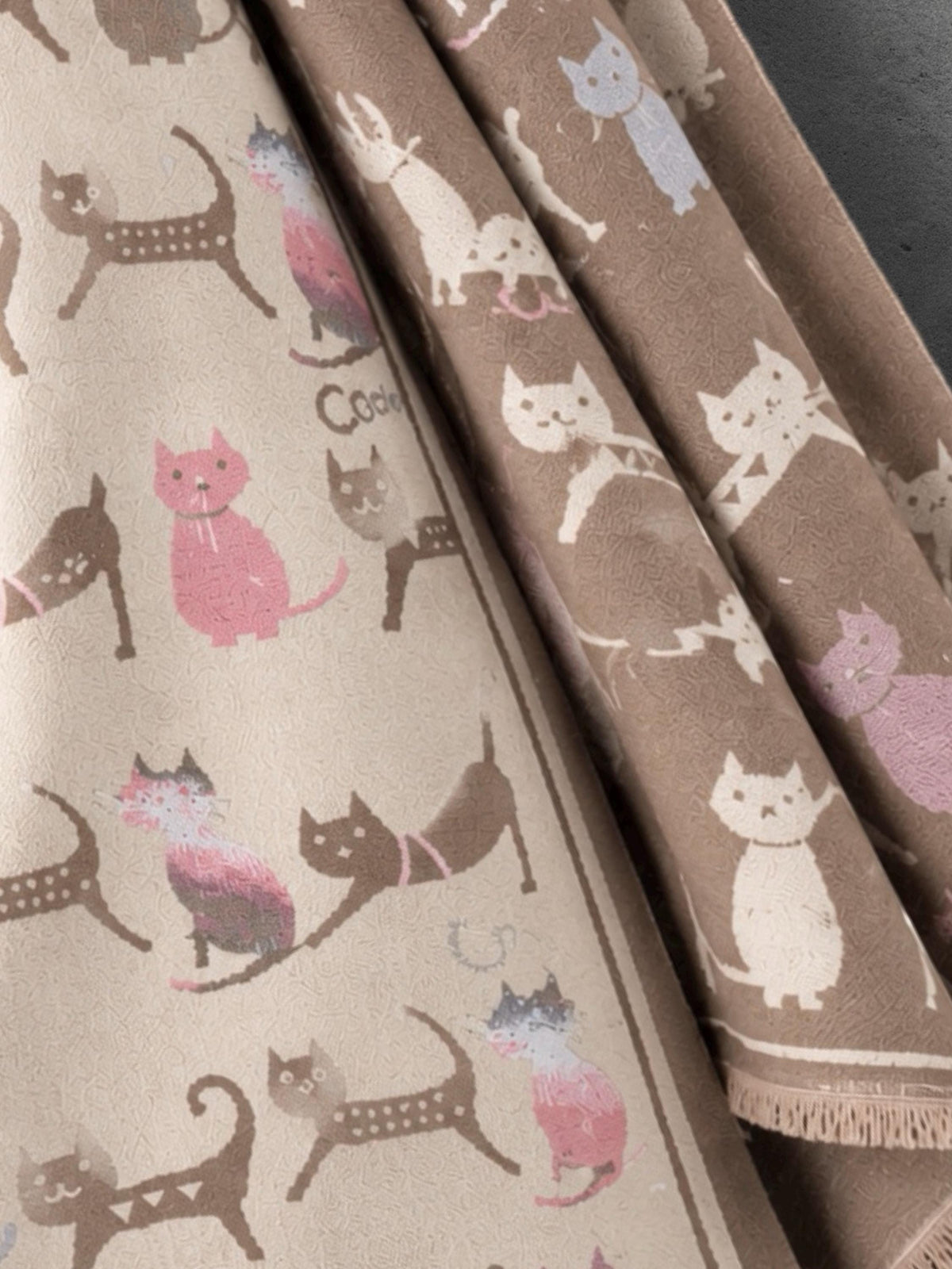Taupe & Cream Cat Pattern Reversible Winter Scarf, Double Sided Wrap, Warm Shawl for Women, Ideal Gifts for Her