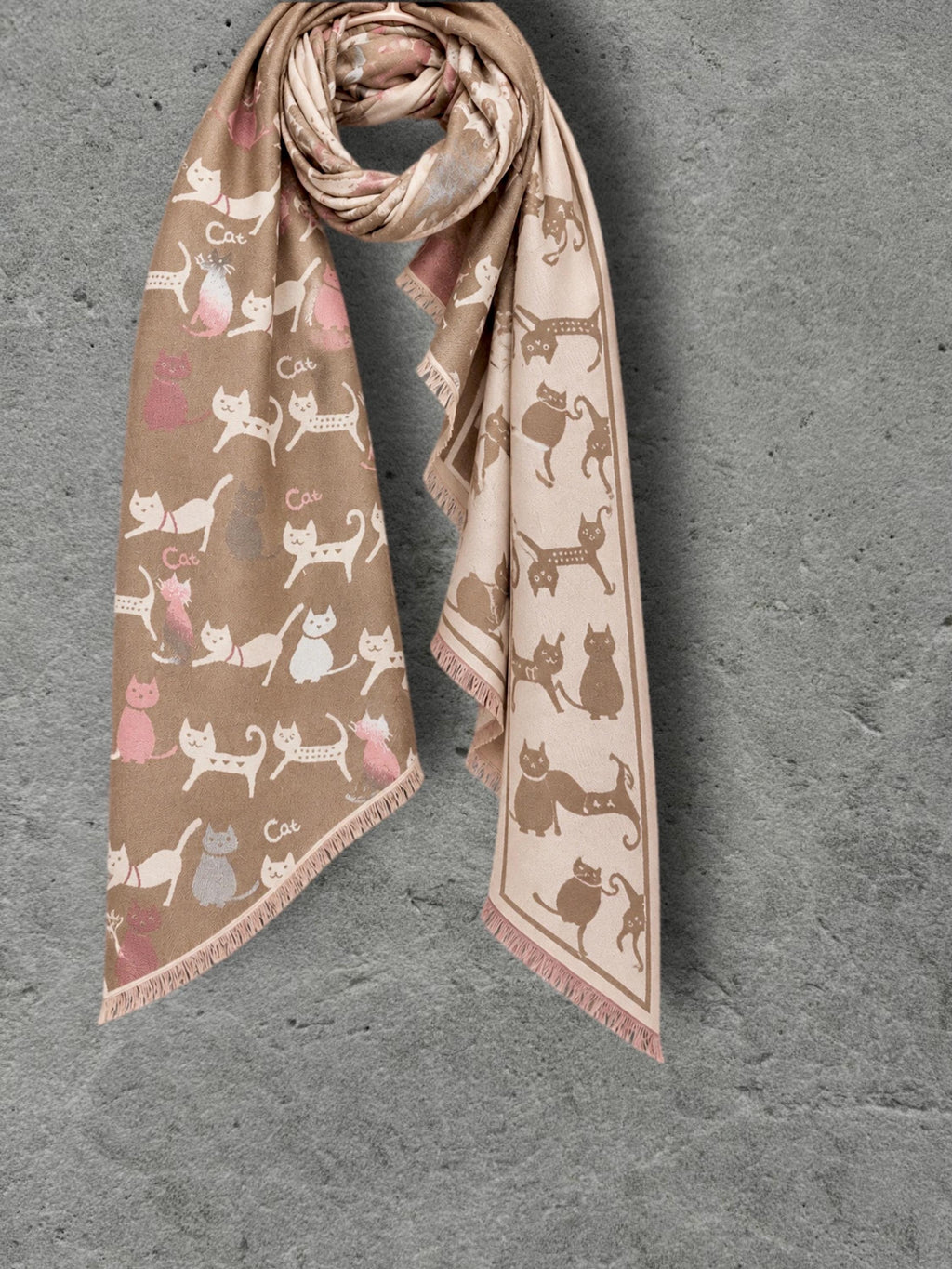 Taupe & Cream Cat Pattern Reversible Winter Scarf, Double Sided Wrap, Warm Shawl for Women, Ideal Gifts for Her