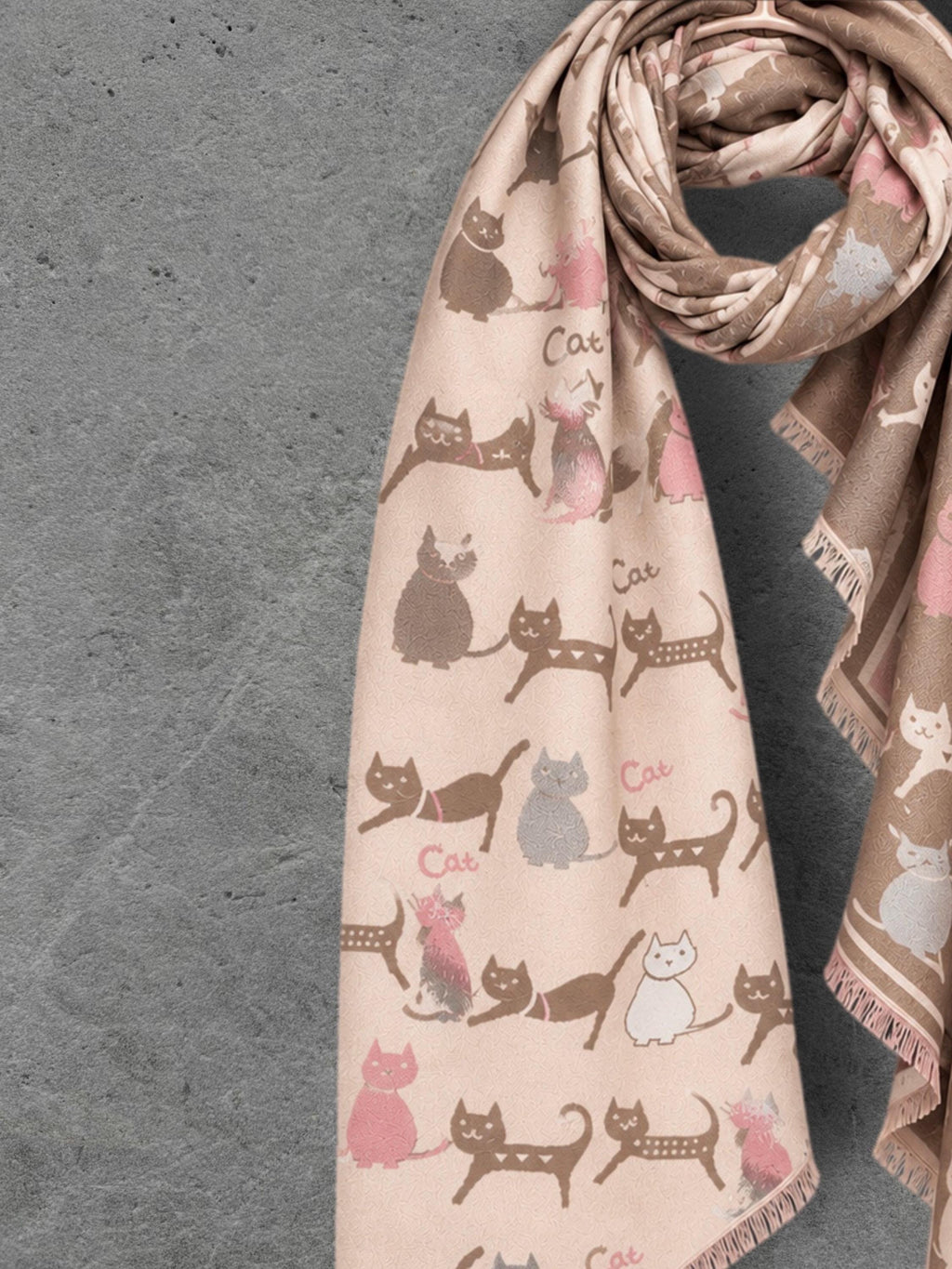 Taupe & Cream Cat Pattern Reversible Winter Scarf, Double Sided Wrap, Warm Shawl for Women, Ideal Gifts for Her