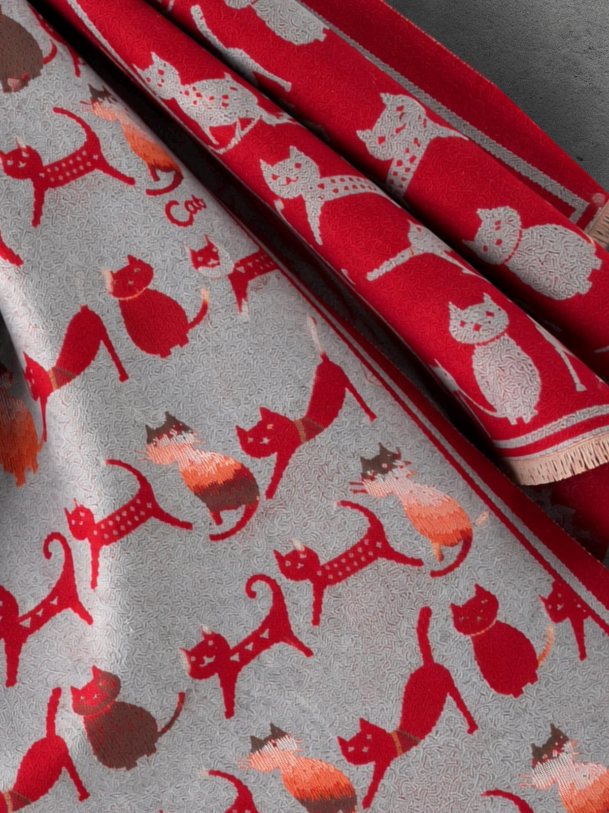 Silver Grey & Red Cat Print Reversible Winter Scarf, Patterned Shoulder Wrap for Women, Ultra Soft Warm Shawl, Ideal Gifts for Her