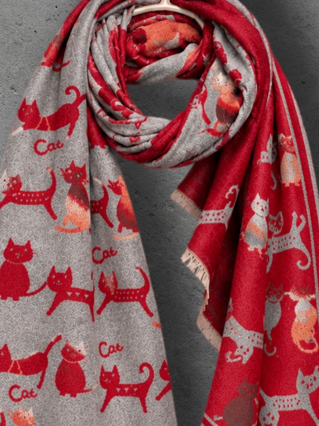 Silver Grey & Red Cat Print Reversible Winter Scarf, Patterned Shoulder Wrap for Women, Ultra Soft Warm Shawl, Ideal Gifts for Her
