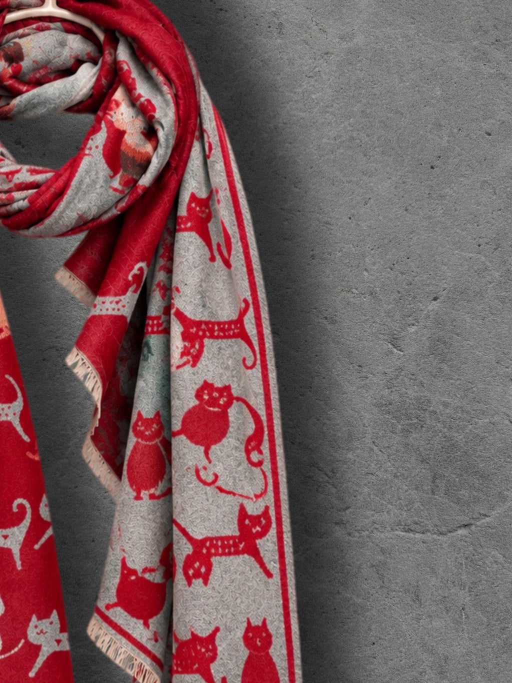 Silver Grey & Red Cat Print Reversible Winter Scarf, Patterned Shoulder Wrap for Women, Ultra Soft Warm Shawl, Ideal Gifts for Her