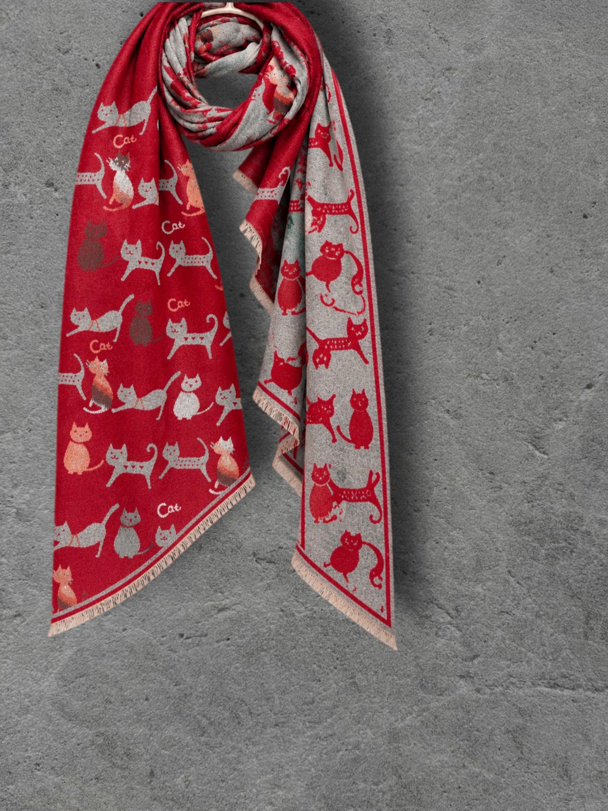 Silver Grey & Red Cat Print Reversible Winter Scarf, Patterned Shoulder Wrap for Women, Ultra Soft Warm Shawl, Ideal Gifts for Her