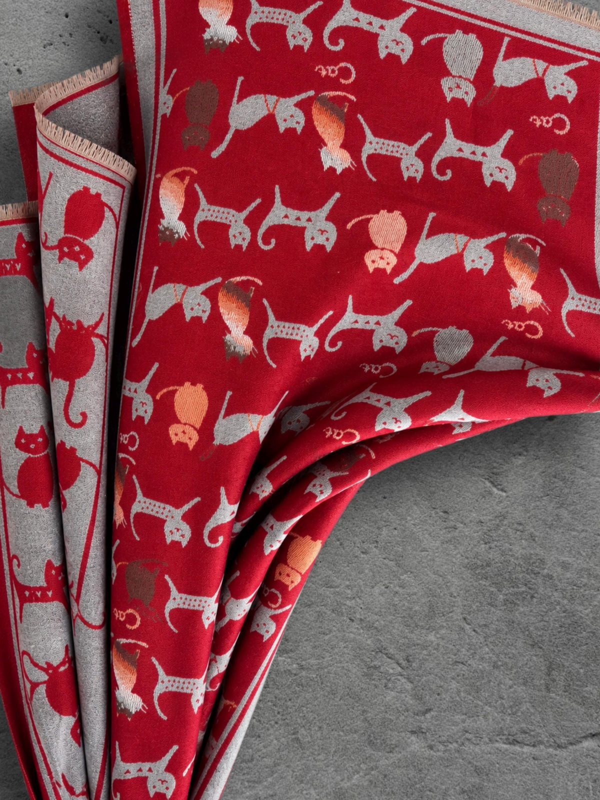 Silver Grey & Red Cat Print Reversible Winter Scarf, Patterned Shoulder Wrap for Women, Ultra Soft Warm Shawl, Ideal Gifts for Her