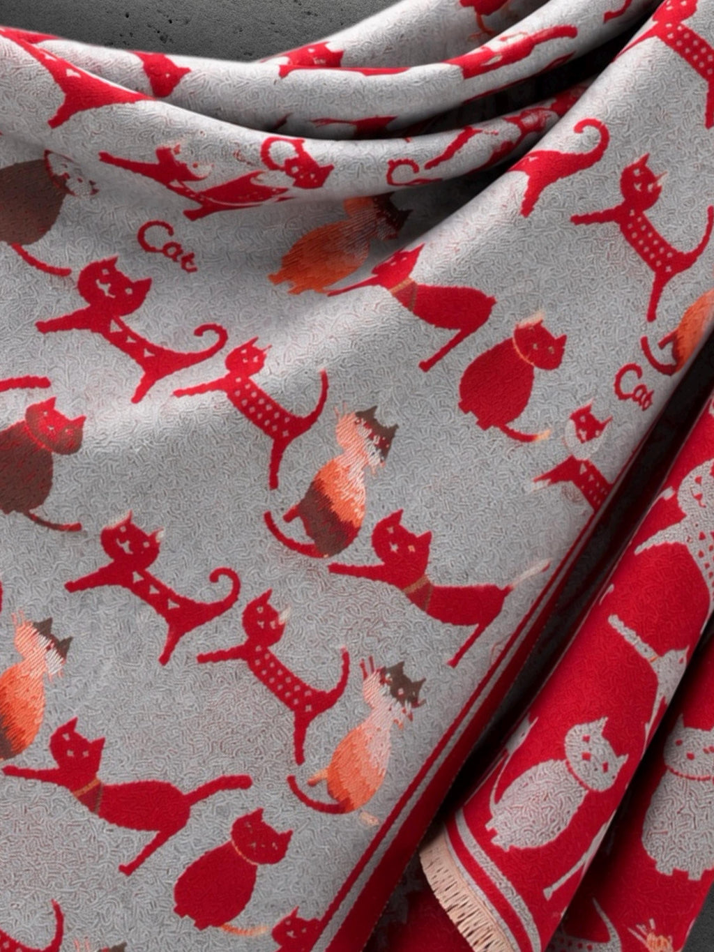 Silver Grey & Red Cat Print Reversible Winter Scarf, Patterned Shoulder Wrap for Women, Ultra Soft Warm Shawl, Ideal Gifts for Her