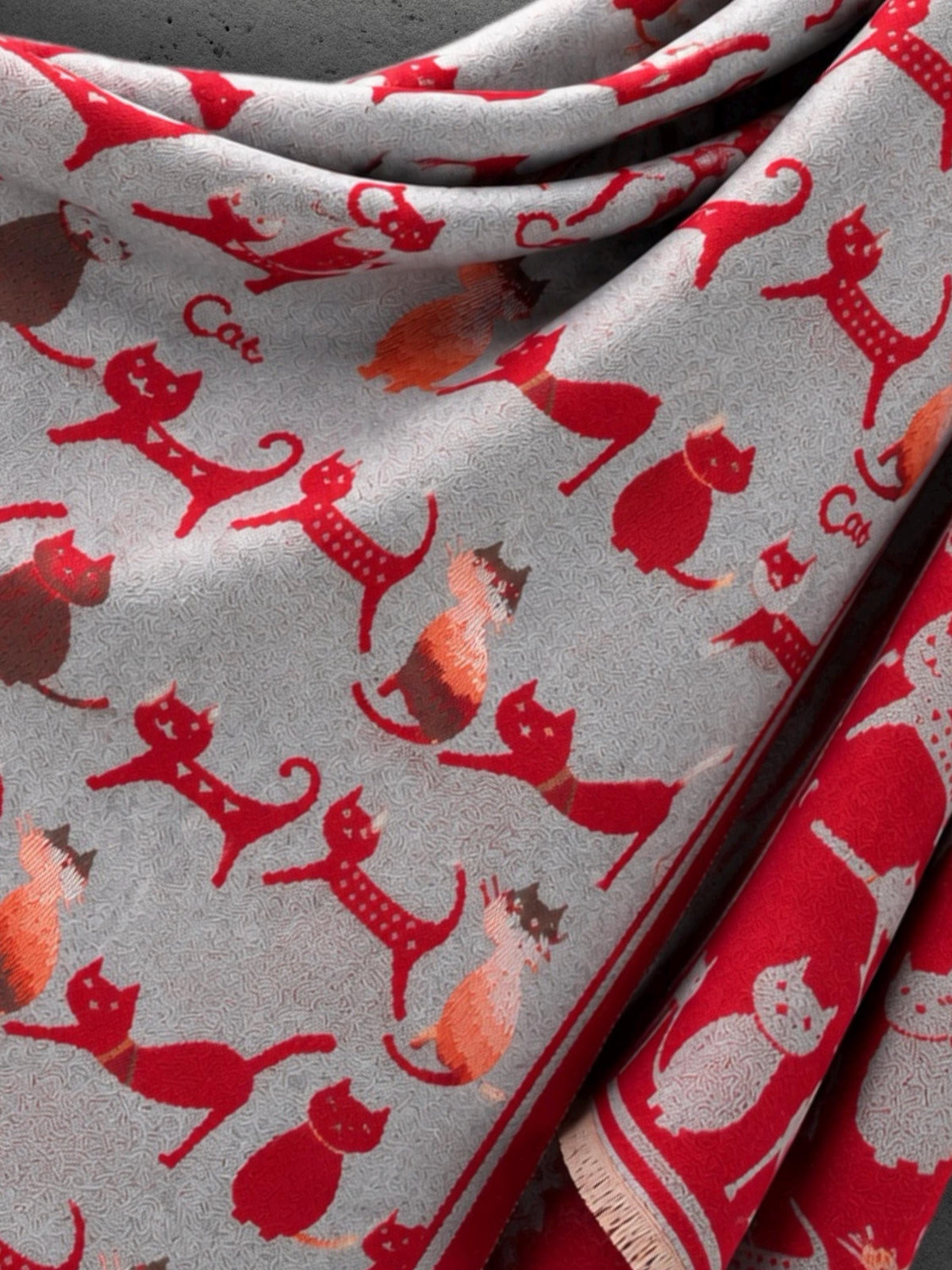 Silver Grey & Red Cat Print Reversible Winter Scarf, Patterned Shoulder Wrap for Women, Ultra Soft Warm Shawl, Ideal Gifts for Her