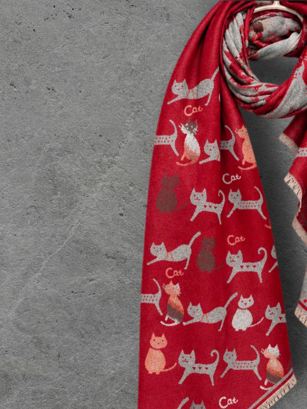 Silver Grey & Red Cat Print Reversible Winter Scarf, Patterned Shoulder Wrap for Women, Ultra Soft Warm Shawl, Ideal Gifts for Her