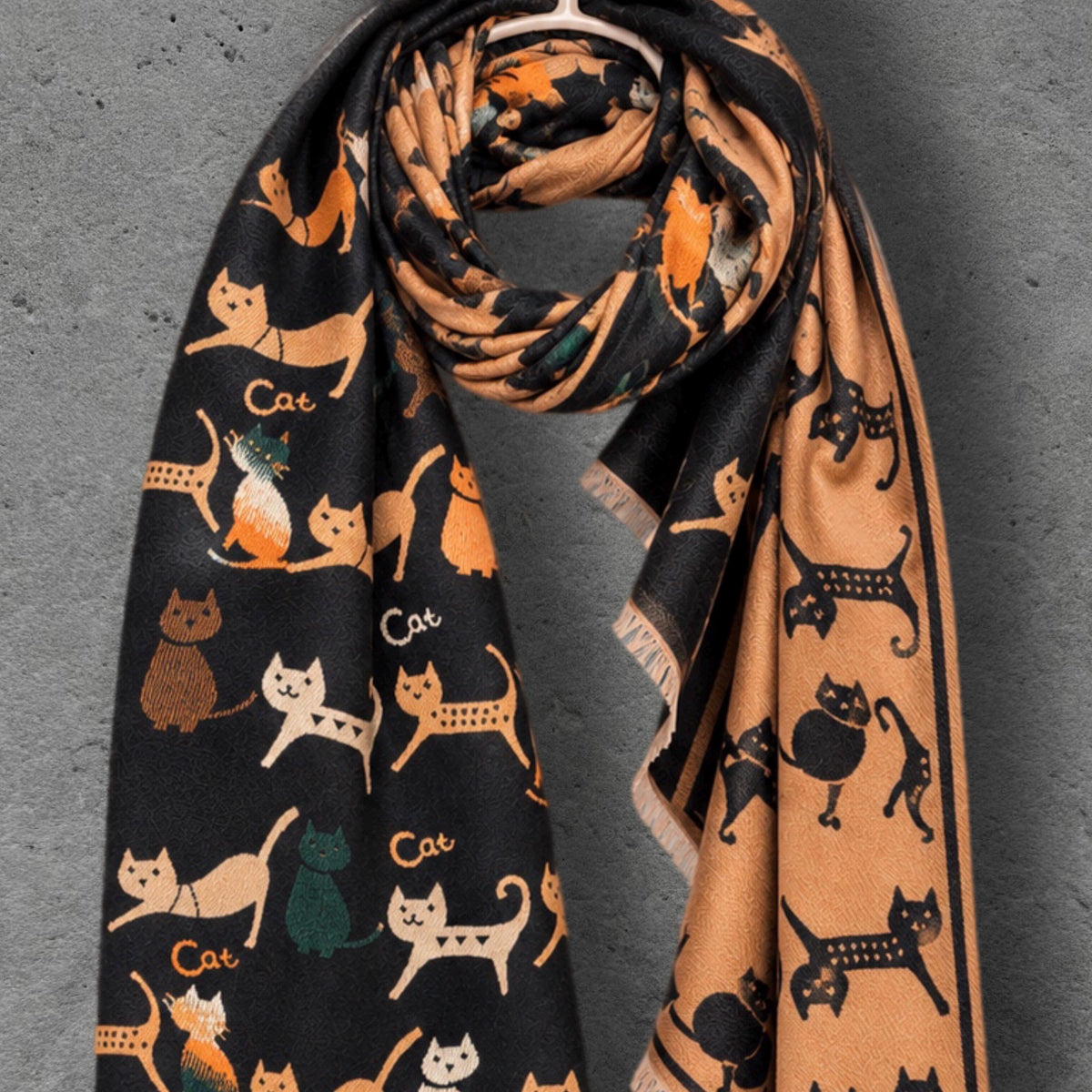 Black & Camel Brown Cats Pattern Reversible Winter Scarf, Animal Print Wrap, Ultra Soft Shawl for Women, Cozy Gifts for Her