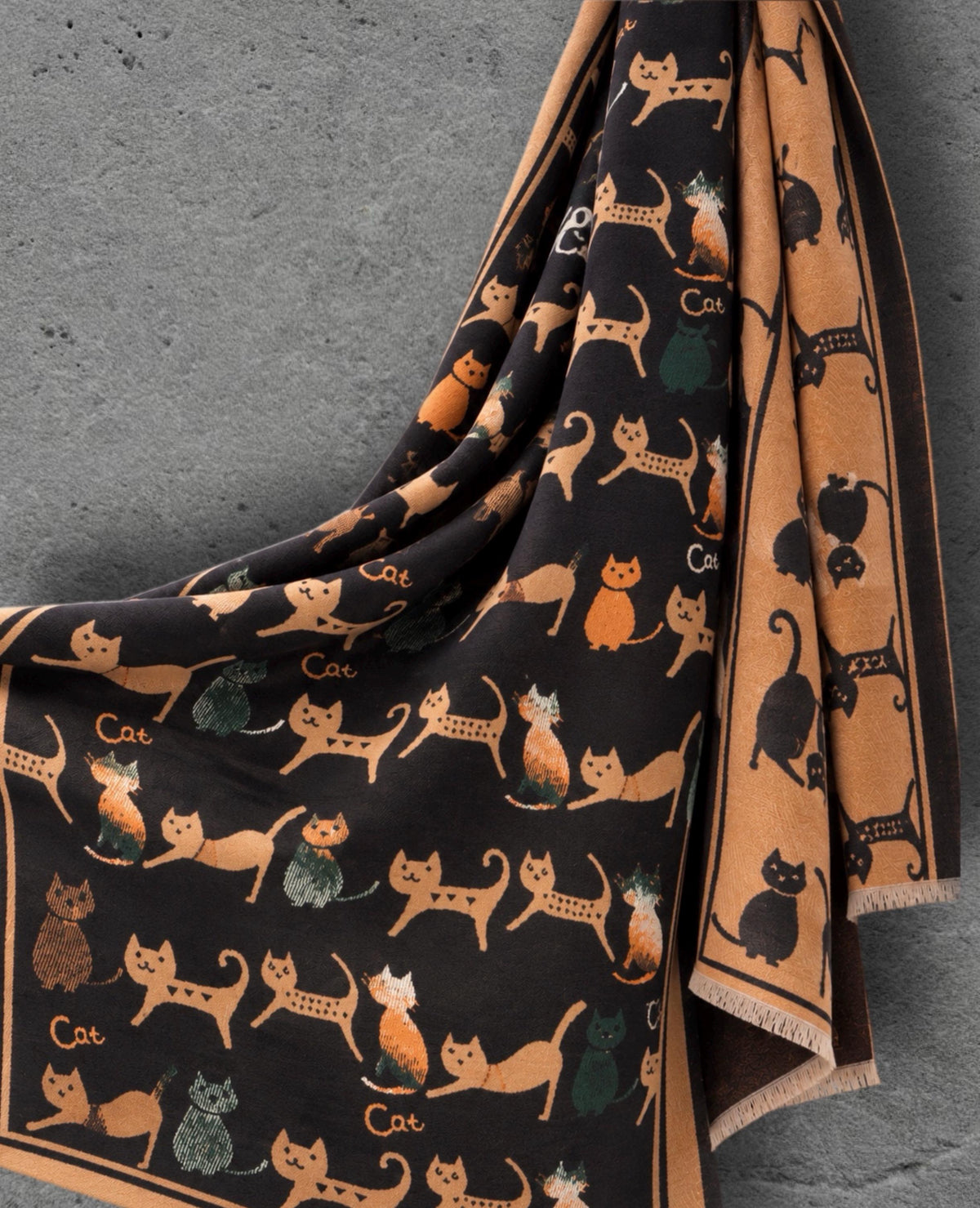 Black & Camel Brown Cats Pattern Reversible Winter Scarf, Animal Print Wrap, Ultra Soft Shawl for Women, Cozy Gifts for Her