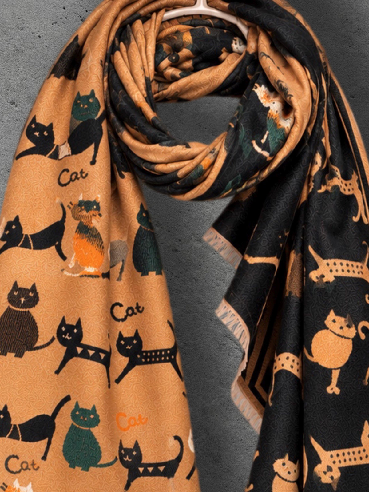 Black & Camel Brown Cats Pattern Reversible Winter Scarf, Animal Print Wrap, Ultra Soft Shawl for Women, Cozy Gifts for Her