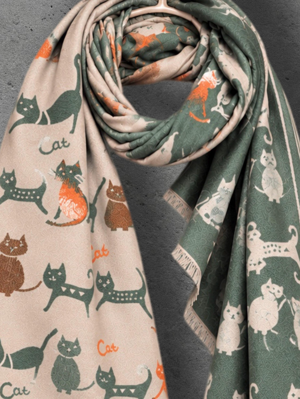 Sage Green & Beige Cat Print Reversible Winter Scarf, Long Double Sided Wrap, Ultra Soft Women Shawl, Thoughtful Gifts for Her