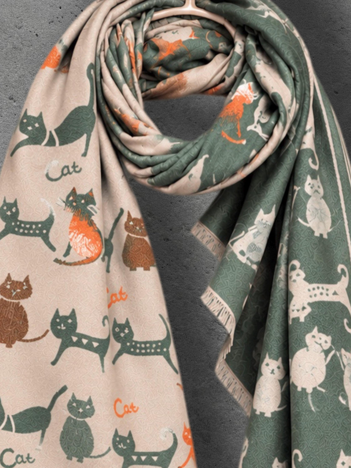 Sage Green & Beige Cat Print Reversible Winter Scarf, Long Double Sided Wrap, Ultra Soft Women Shawl, Thoughtful Gifts for Her