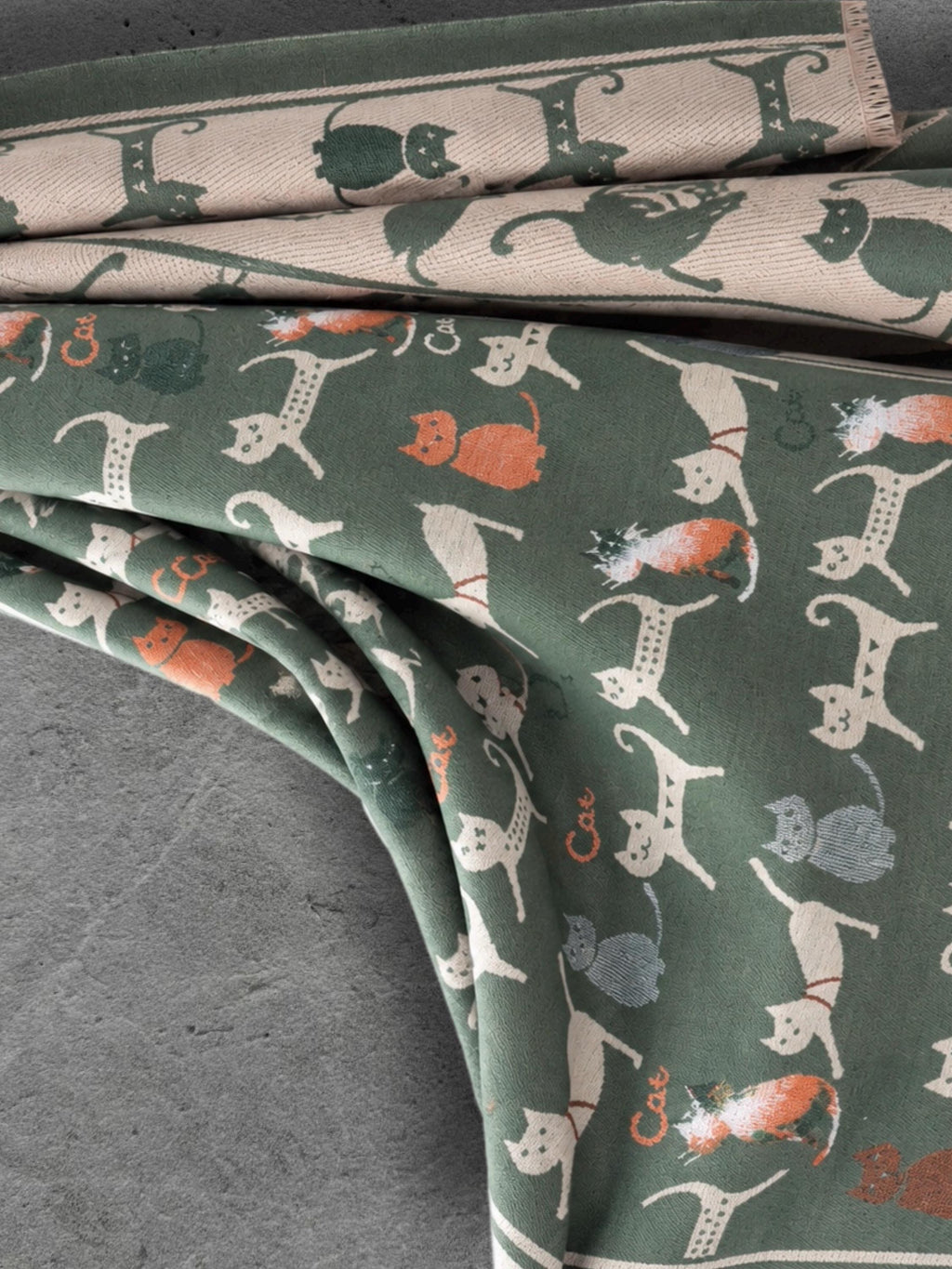 Sage Green & Beige Cat Print Reversible Winter Scarf, Long Double Sided Wrap, Ultra Soft Women Shawl, Thoughtful Gifts for Her