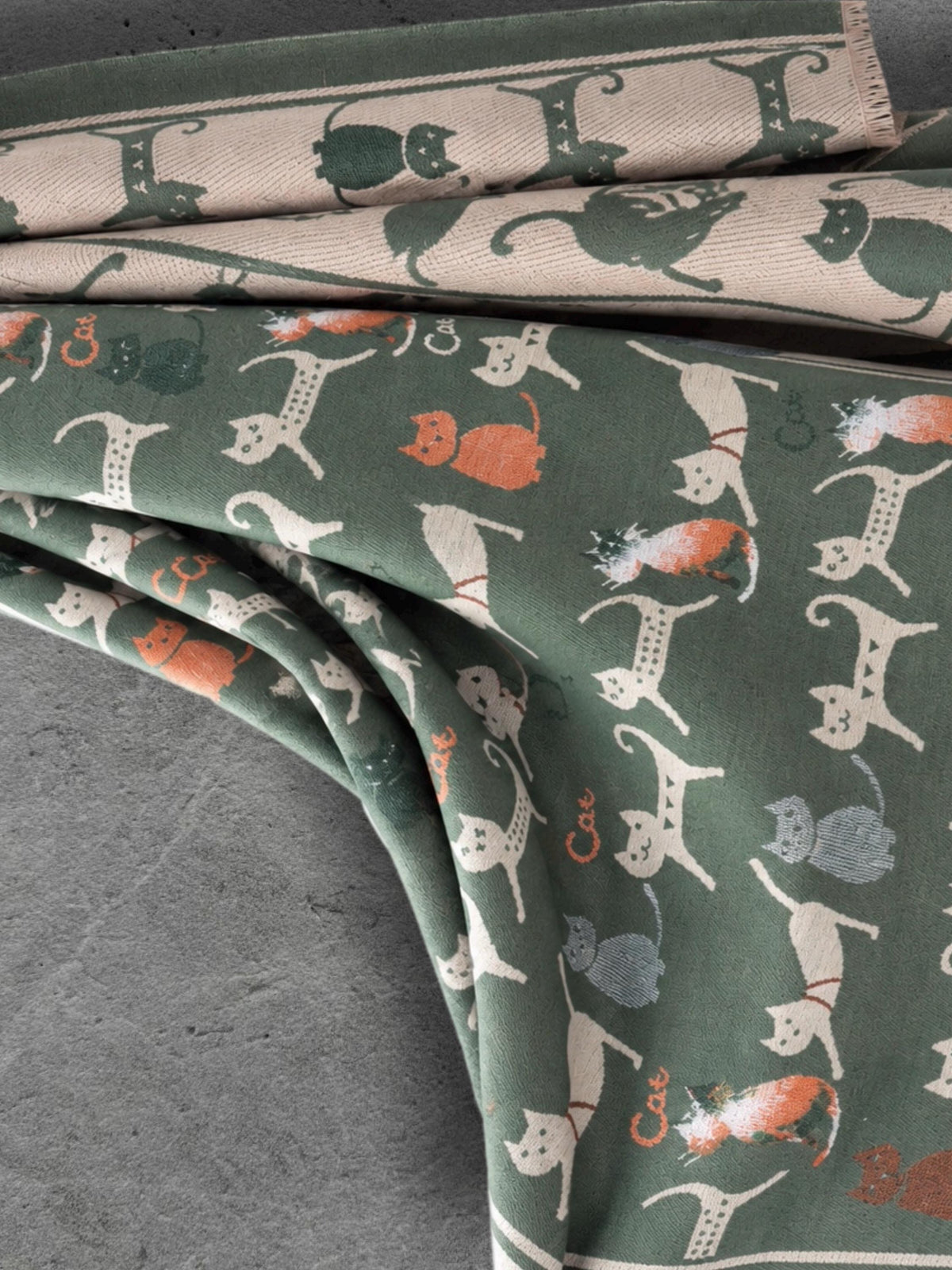 Sage Green & Beige Cat Print Reversible Winter Scarf, Long Double Sided Wrap, Ultra Soft Women Shawl, Thoughtful Gifts for Her