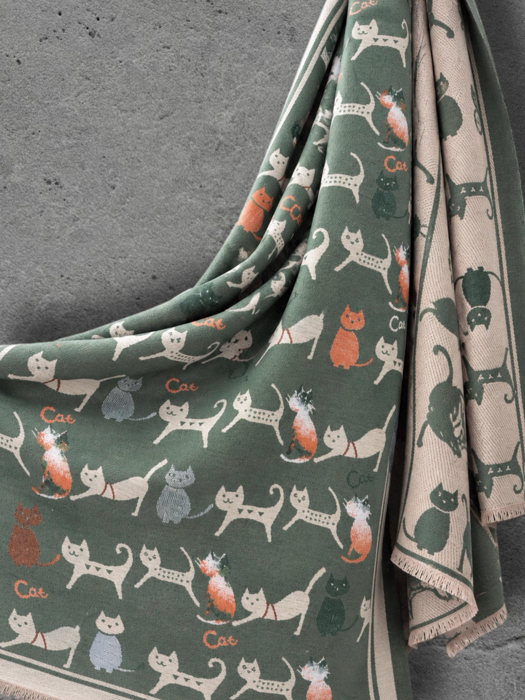 Sage Green & Beige Cat Print Reversible Winter Scarf, Long Double Sided Wrap, Ultra Soft Women Shawl, Thoughtful Gifts for Her