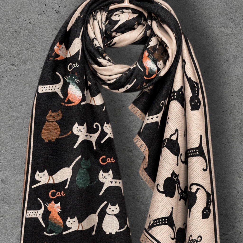 Black & Beige Cat Pattern Double-sided Winter Scarf, Contrasting Shoulder Wrap, Warm Women Shawl, Playful Gifts for Her