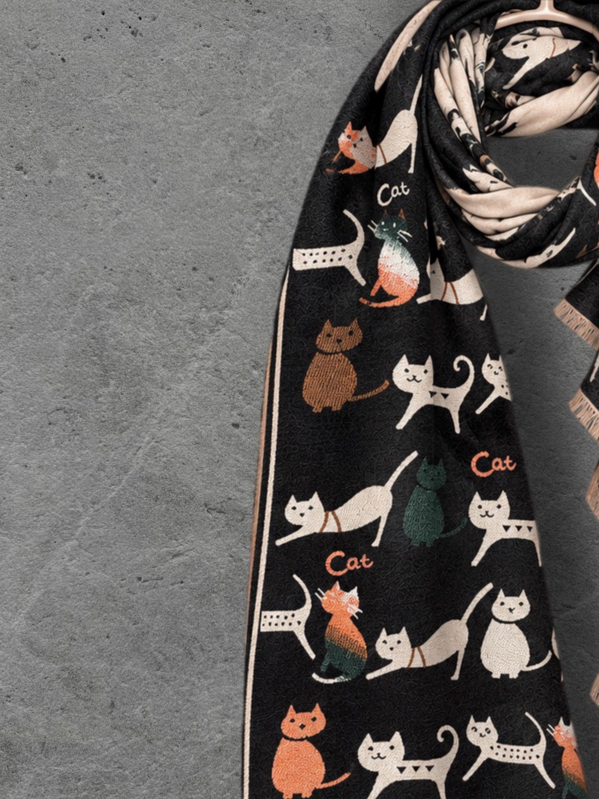 Black & Beige Cat Pattern Double-sided Winter Scarf, Contrasting Shoulder Wrap, Warm Women Shawl, Playful Gifts for Her