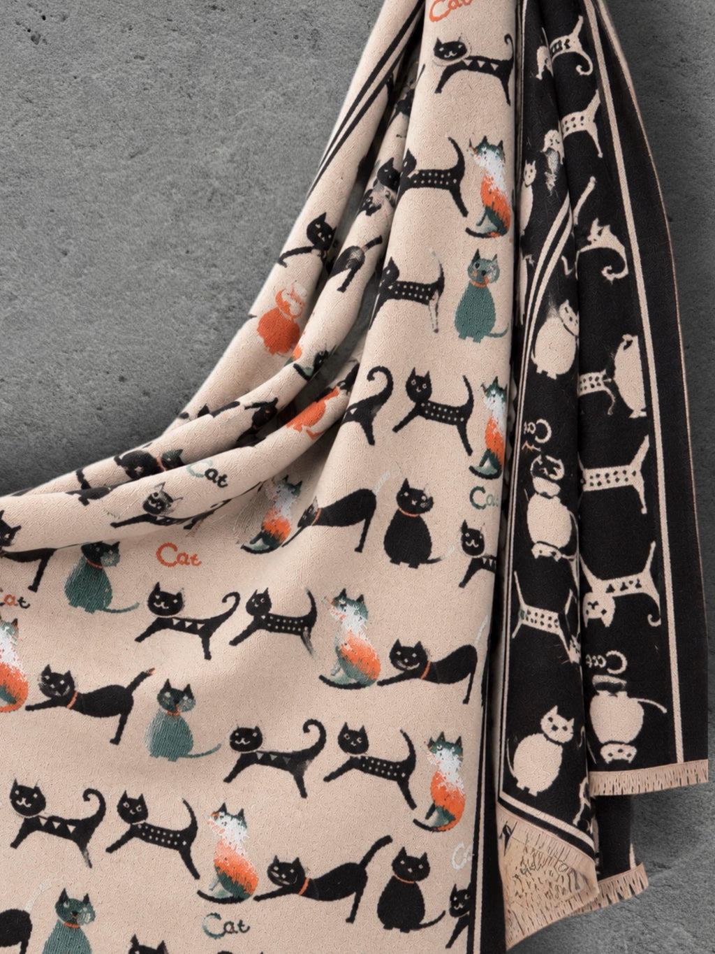 Black & Beige Cat Pattern Double-sided Winter Scarf, Contrasting Shoulder Wrap, Warm Women Shawl, Playful Gifts for Her