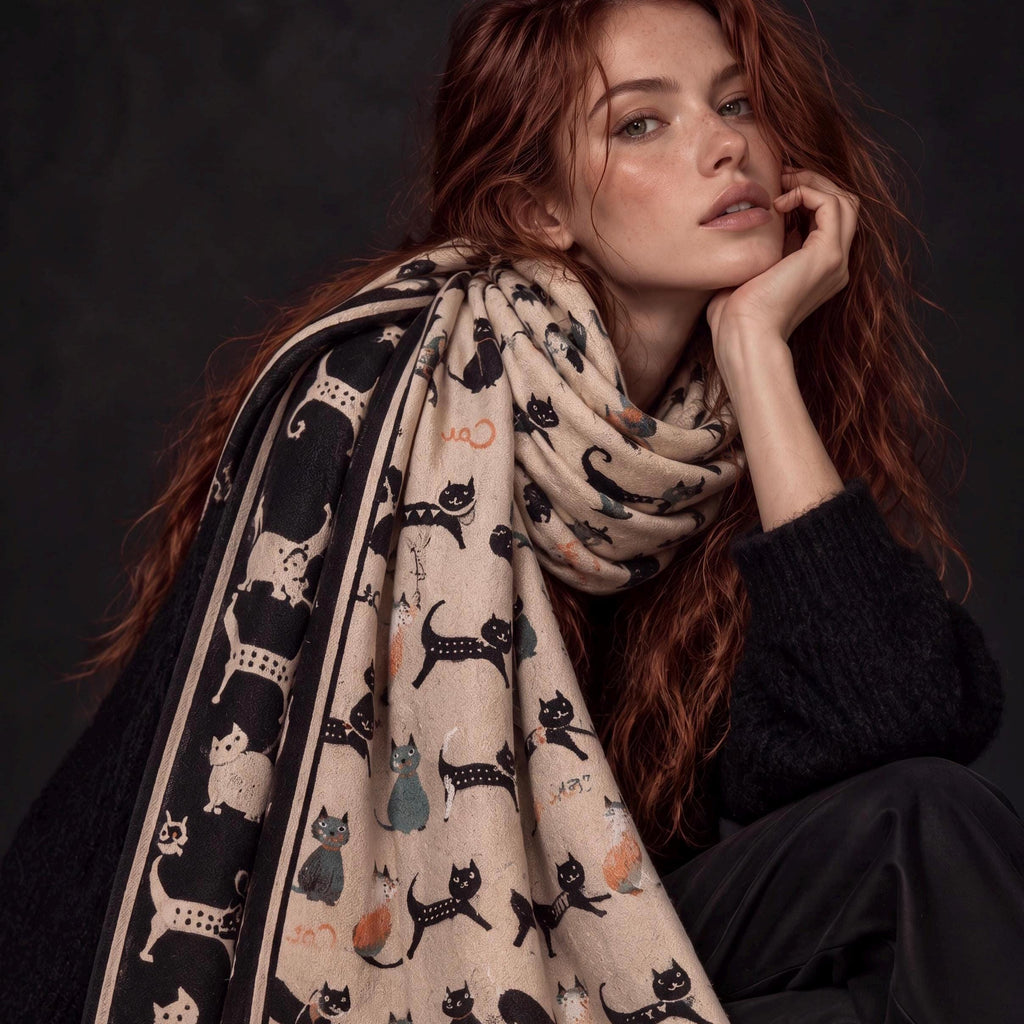 Black & Beige Cat Pattern Double-sided Winter Scarf, Contrasting Shoulder Wrap, Warm Women Shawl, Playful Gifts for Her