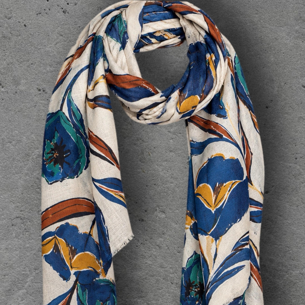 Ivory Blue Floral Print Scarf, Lightweight Autumn Wrap, Teal Botanical Shawl for Women, Ideal Gifts for Her