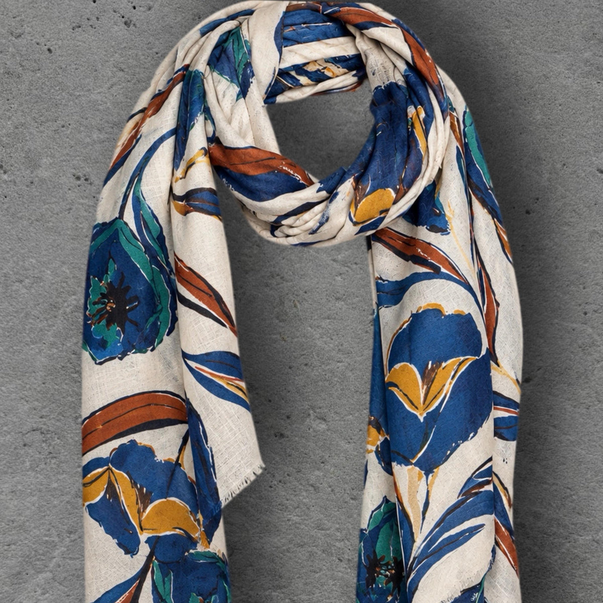 Ivory Blue Floral Print Scarf, Lightweight Autumn Wrap, Teal Botanical Shawl for Women, Ideal Gifts for Her