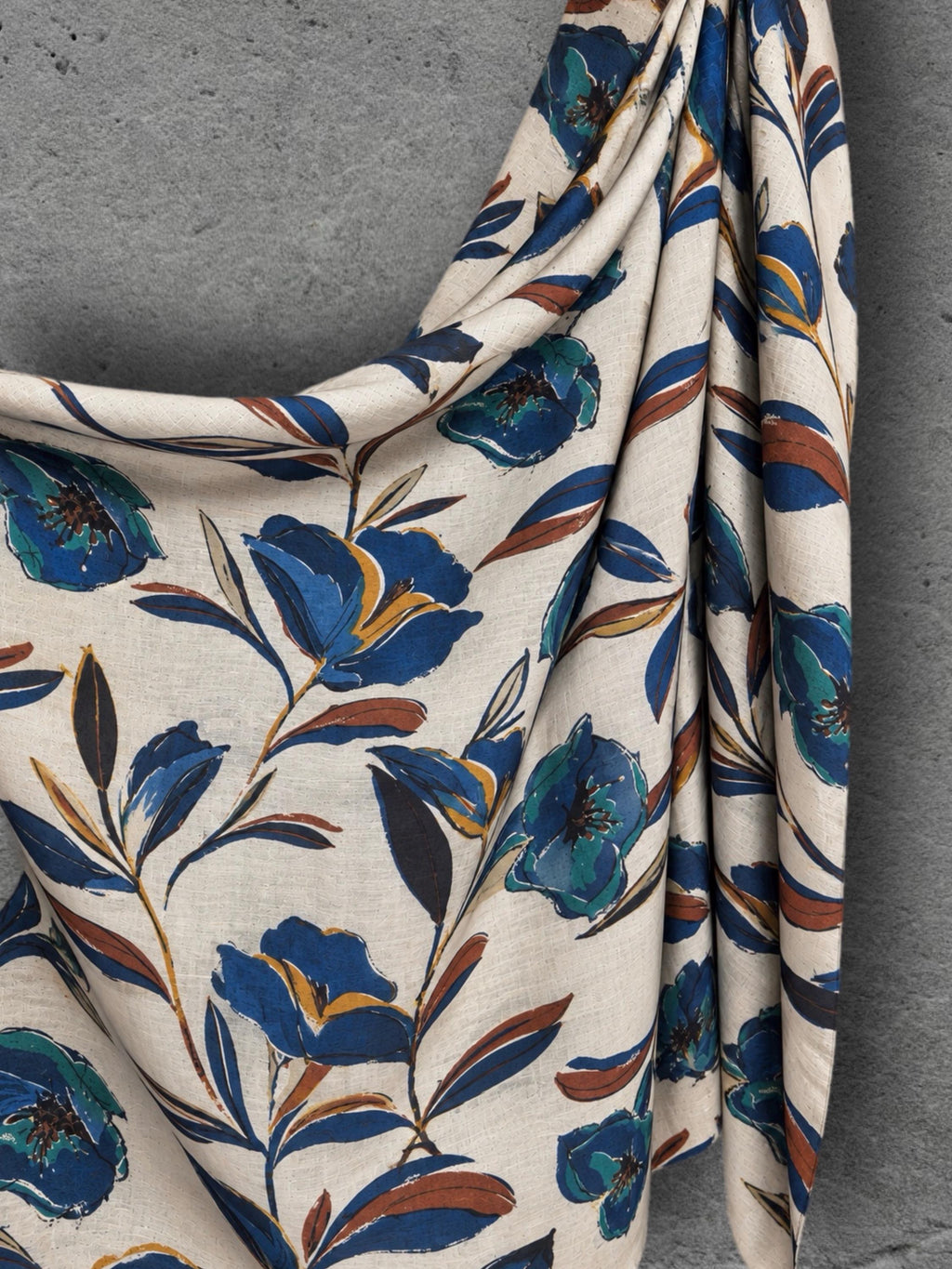 Ivory Blue Floral Print Scarf, Lightweight Autumn Wrap, Teal Botanical Shawl for Women, Ideal Gifts for Her